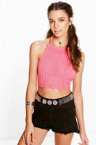 Boohoo Maya Crochet Edge Halterneck Tie Back Top Neon-coral