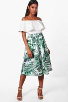 Boohoo Alana Palm Print Box Pleat Skater Skirt Multi