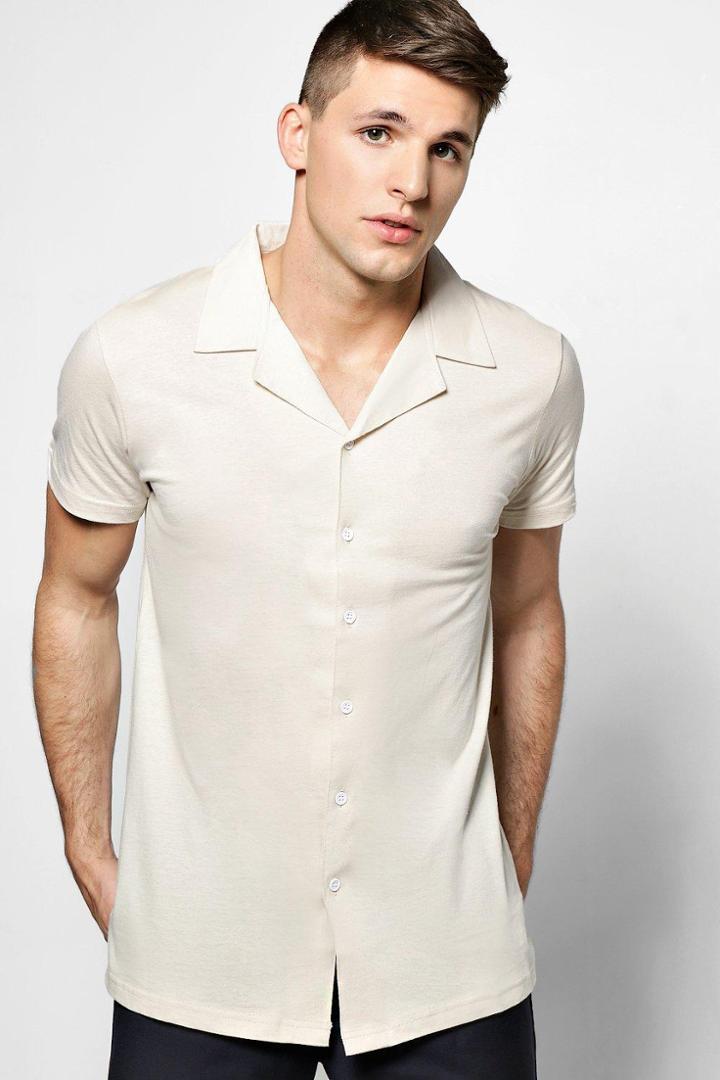 Boohoo Jersey Revere Collar Short Sleeve Shirt Stone