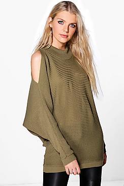 Boohoo Bella Cold Shoulder Rib Knit Oversized Jumper