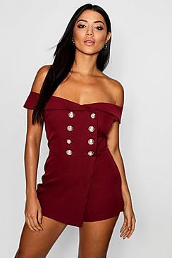 Boohoo Bardot Style Tuxedo Button Playsuit