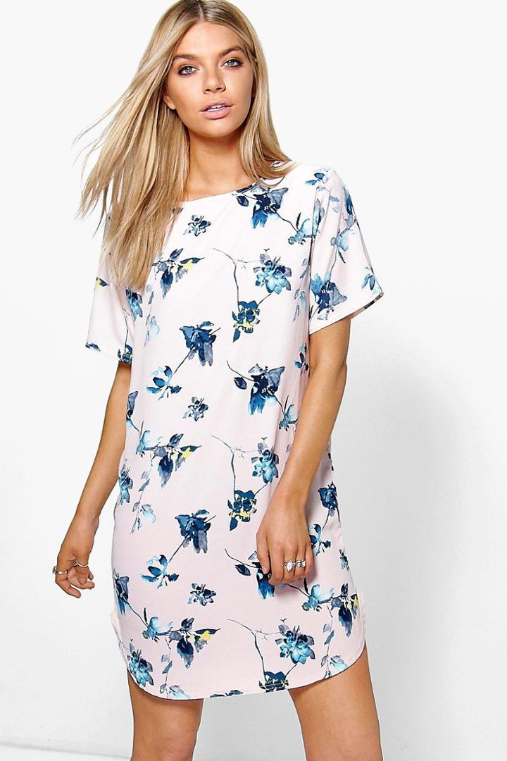 Boohoo Clarissa Floral Cold Shoulder Shift Dress Nude