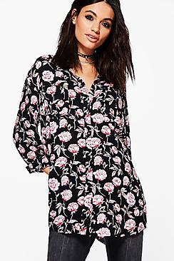 Boohoo Maria Rose Print Oversized Shirt