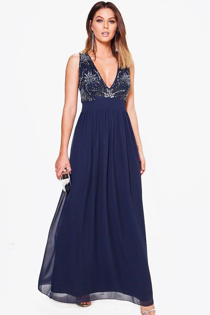 Boohoo Boutique Melli Embellished Maxi Dress Navy