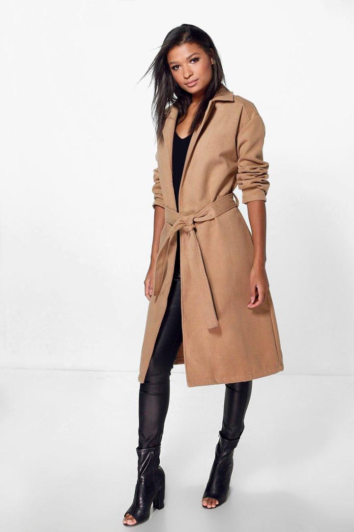 Boohoo Imogen Belted Wool Look Coat Camel