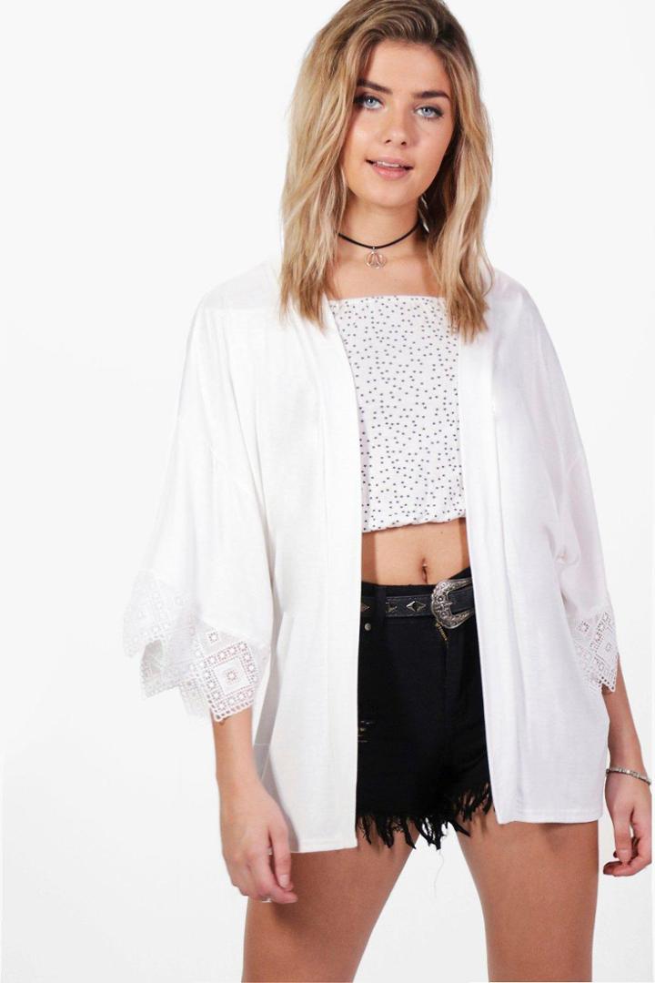 Boohoo Helena Crochet Trim Kimono White