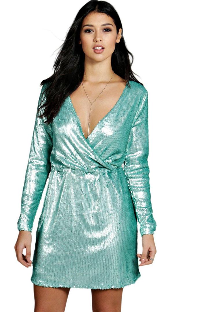 Boohoo Boutique Viola Sequin Wrap Front Skater Dress Mint