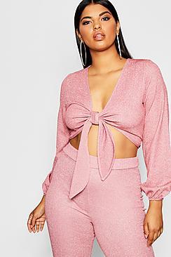 Boohoo Plus Glitter Lurex Tie Front Top