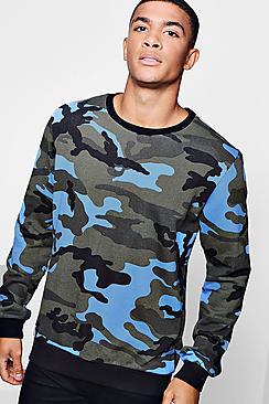 Boohoo Cobalt Camo Crew Neck Sweatshirt