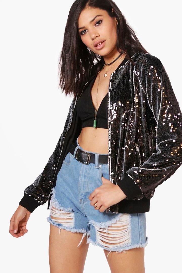 Boohoo Heather Sequin Bomber Jacket Black