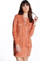 Boohoo Boutique Liz Suedette Eyelet Pocket Detail Dress Chestnut