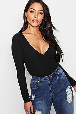 Boohoo Wrap Rib Long Sleeve Basic Top