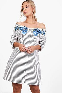 Boohoo Plus Sarah Striped Embroidered Shirt Dress