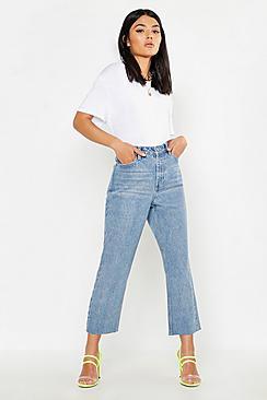 Boohoo High Rise Bleach Raw Hem Straight Leg Jeans