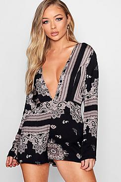 Boohoo Scarf Print Plunge Playsuit