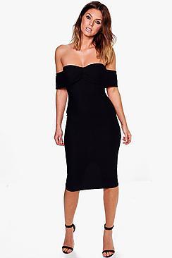 Boohoo Sia Off Shoulder Gathered Fine Rib Midi Dress