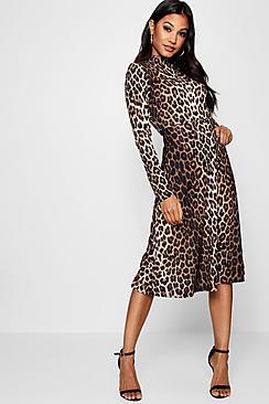 Boohoo Lianna Leopard Print Long Sleeve Midi Dress