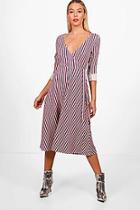 Boohoo Lillie Stripe Tie Wrap Midi Skater Dress