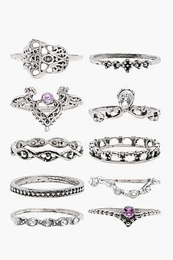 Boohoo Louisa Boho Stone 10 Ring Pack