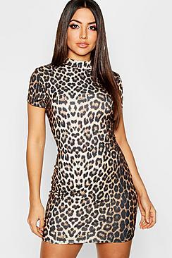Boohoo High Neck Cap Sleeve Leopard Mini Dress