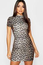 Boohoo High Neck Cap Sleeve Leopard Mini Dress