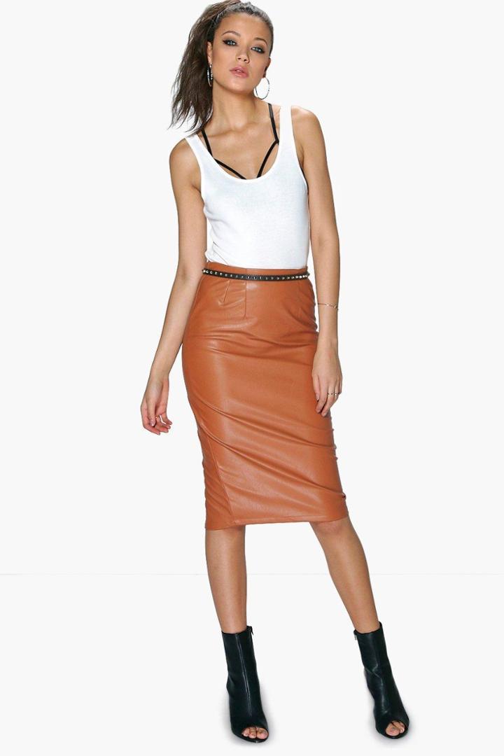 Boohoo Tall Skye Pu Midi Skirt Tan