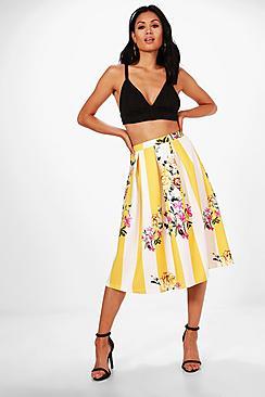 Boohoo Oriana Floral Stripe Box Pleat Skater Skirt