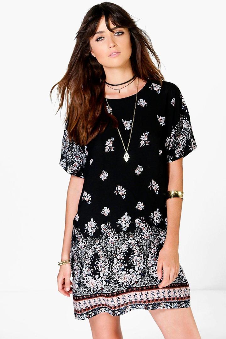 Boohoo Yasmin Floral Cap Sleeve Shift Dress Black