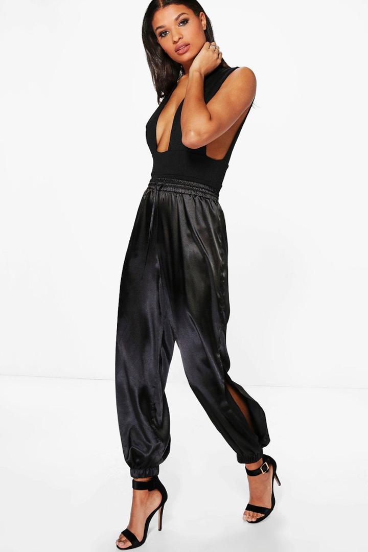 Boohoo Orianna Split Leg Satin Hareem Trousers Black