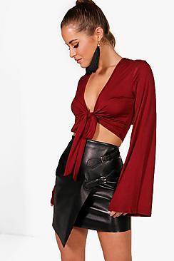 Boohoo Petite Wide Sleeve Knot Front Top