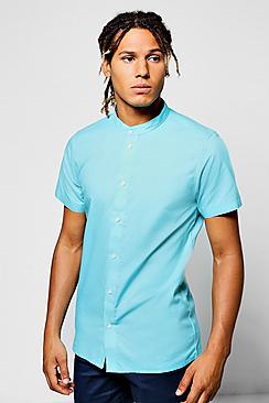 Boohoo Mint Slim Fit Short Sleeve Grandad Collar Shirt