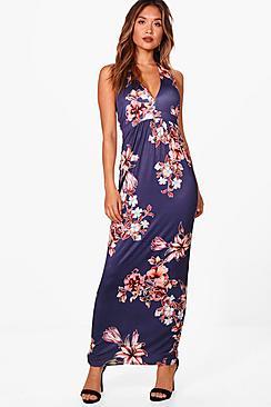 Boohoo Hannah Halterneck Floral Print Maxi Dress