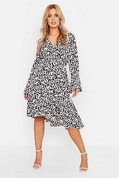 Boohoo Plus Wrap Front Leopard Print Ruffle Hem Midi Dress
