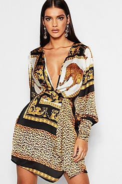 Boohoo Scarf Print Woven Twist Detail Shift Dress