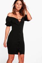 Boohoo Frey Off Shoulder Puff Ball Sleeve Eyelet Dress Black