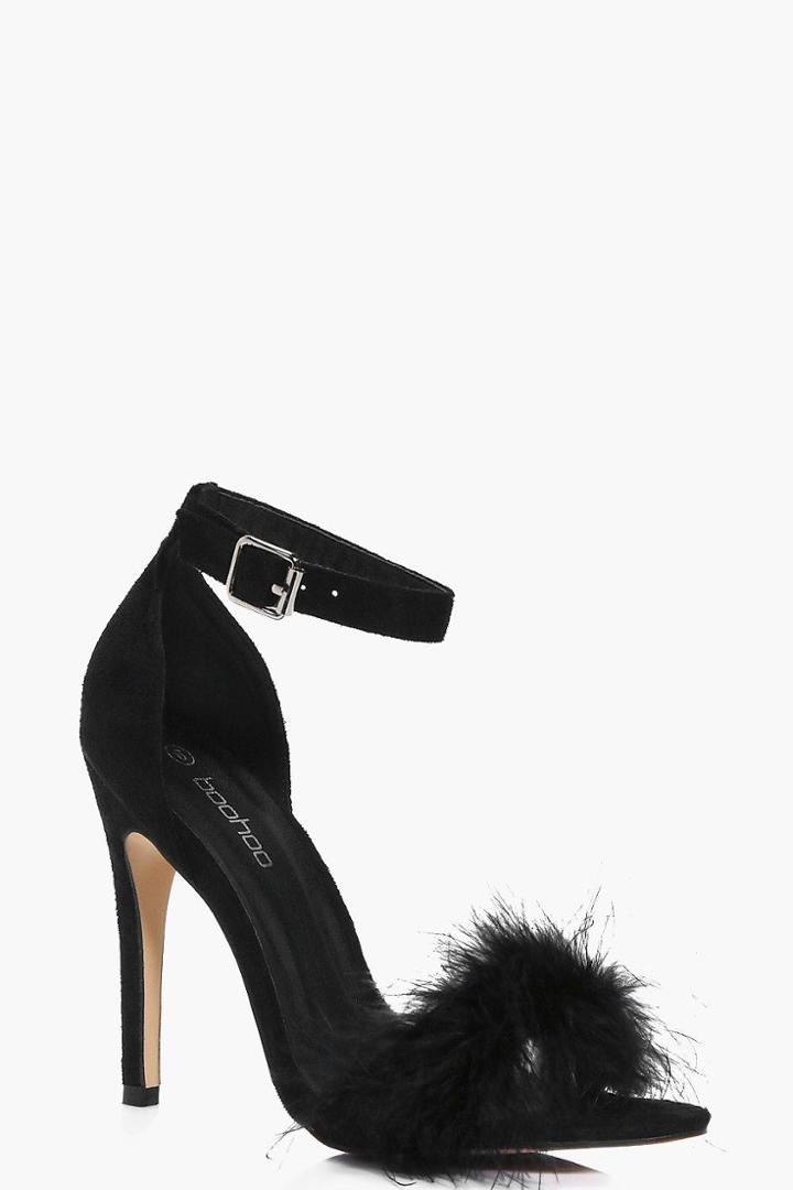 Boohoo Lois Two Part Feather Trim Sandal Black