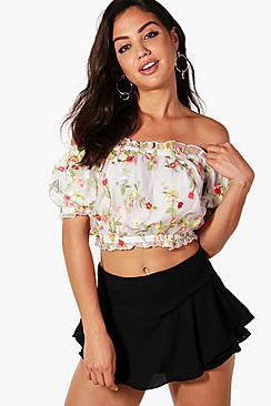 Boohoo Sara Embroidered Mesh Ruffle Crop