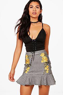 Boohoo Anna Embroidered Gingham Drop Hem Mini Skirt