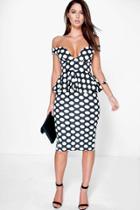 Boohoo May Off The Shoulder Polka Dot Peplum Midi Dress Black