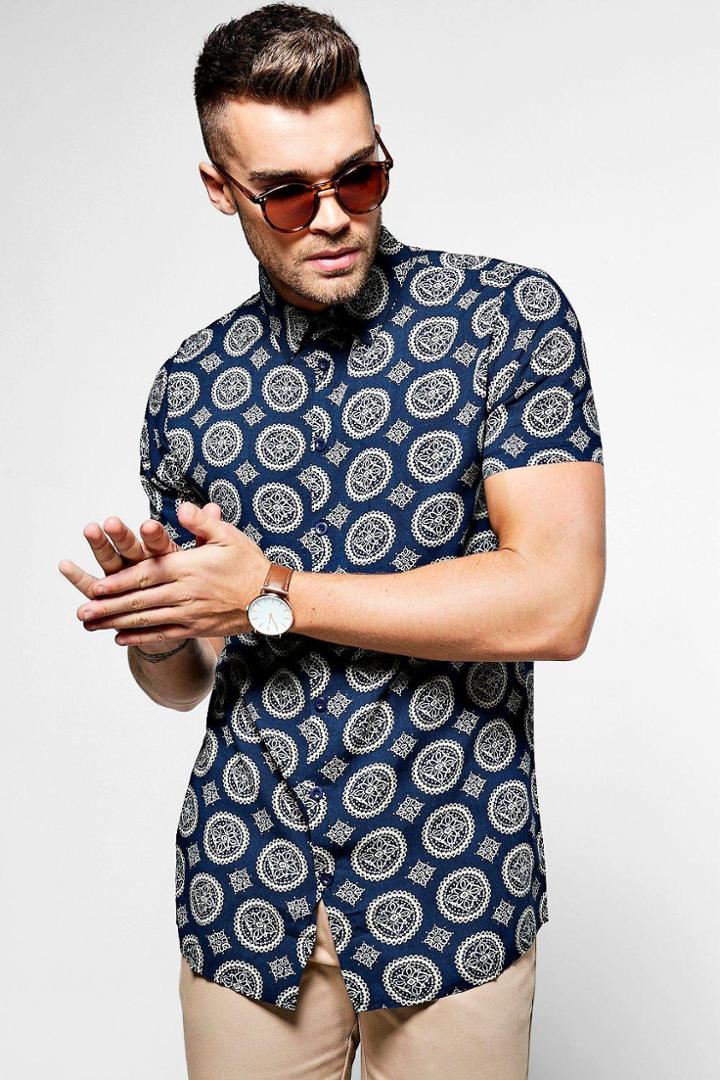 Boohoo Mandala Print Short Sleeve Collar Shirt Navy