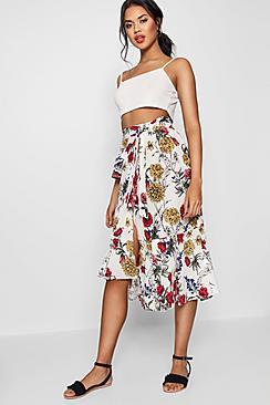 Boohoo Imogen Woven Floral Ruffle Belted Midi Skirt