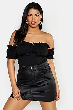 Boohoo Plus Frill Detail Peasant Tie Front Crop Top