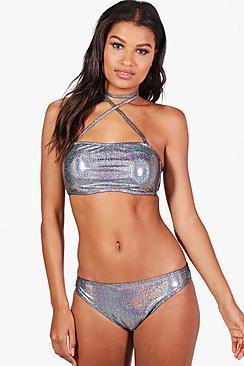 Boohoo Sydney Mermaid Shimmer Removable Choker Wrap Bandeau Bikini