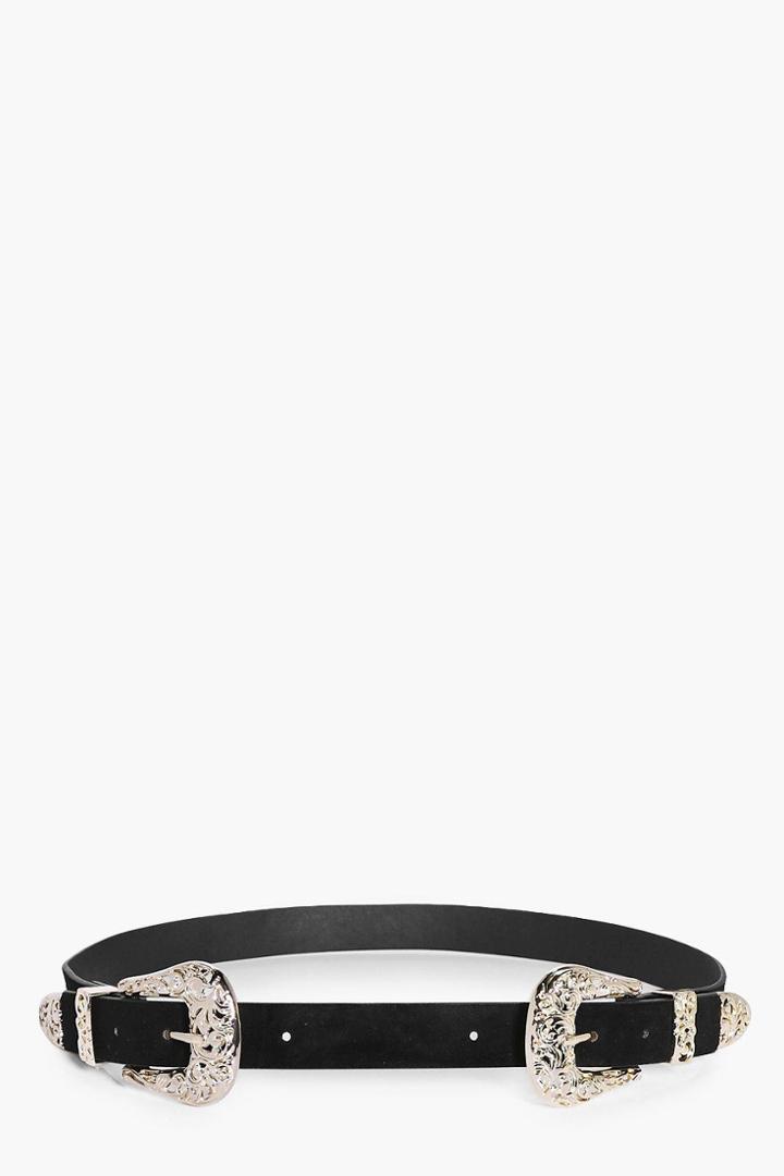 Boohoo Orla Filigree Double Buckle Western Belt Black