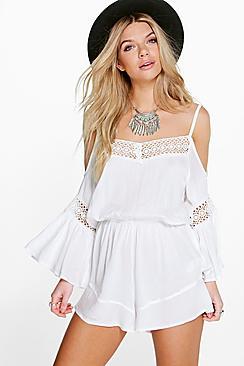 Boohoo Olivia Open Shoulder Crochet Trim Playsuit