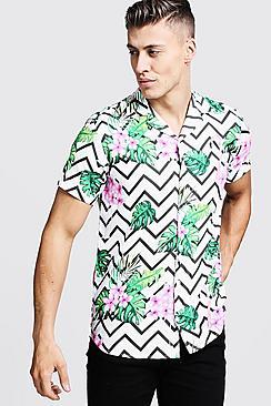 Boohoo Floral Chevron Print Short Sleeve Revere Shirt