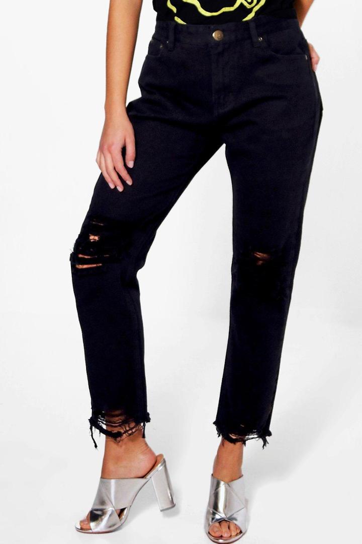 Boohoo Hatty High Rise Destroyed Hem Boyfriend Jeans Black