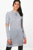 Boohoo Isabelle Slash Elbow Knitted Hooded Tunic Grey