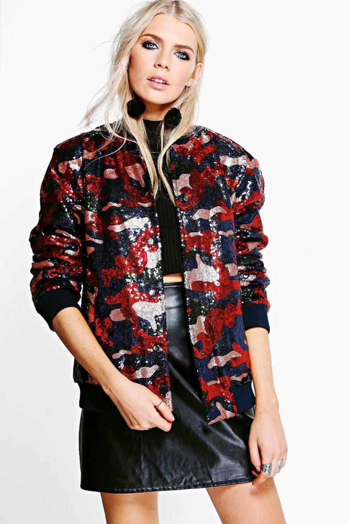 Boohoo Marie Camo Sequin Bomber Camo