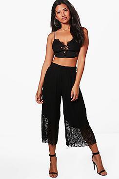 Boohoo Pleated Lace Hem Wide Leg Culottes